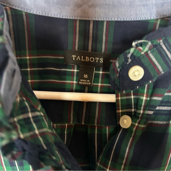 Talbots Green Navy Plaid Ruffle Button Down Shirt Size 16 - Picture 9 of 12